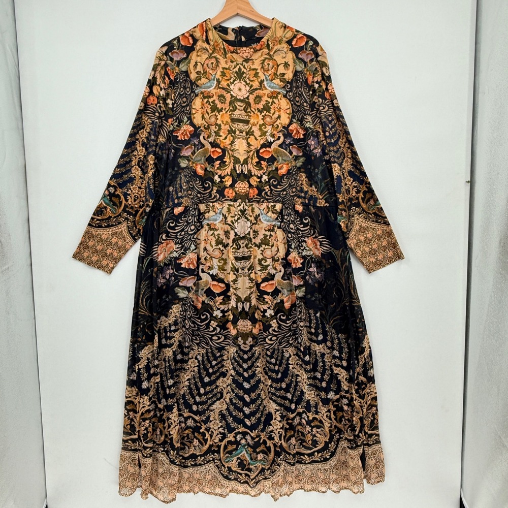 Soft Surroundings Kalista Maxi Dress Women 2X Black Bird Tapestry Icon Scarf
